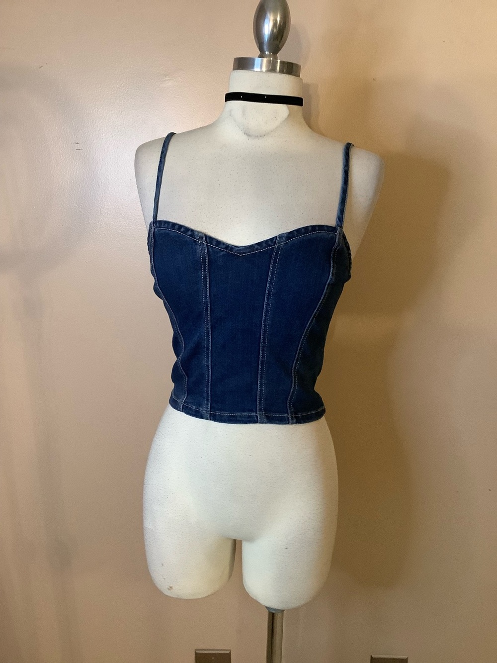 Refuge Denim Fitted Y2K Blue Jean Paneled Sweetheart Camisole Tank Top Small 4